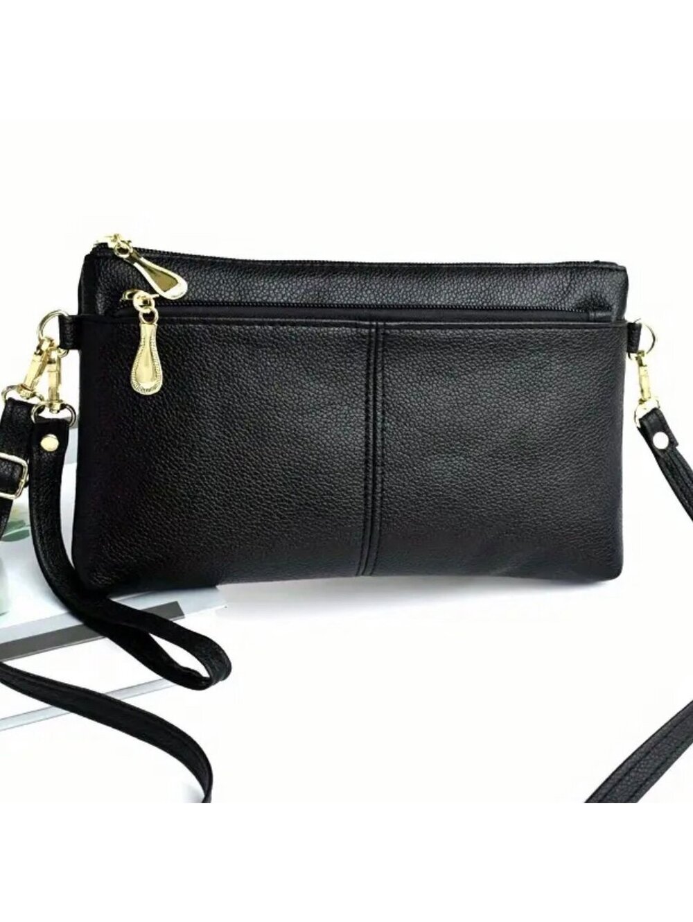 New -Trendy Faux Leather Double Zipper Crossbody Bag /Clutch Purse - Black